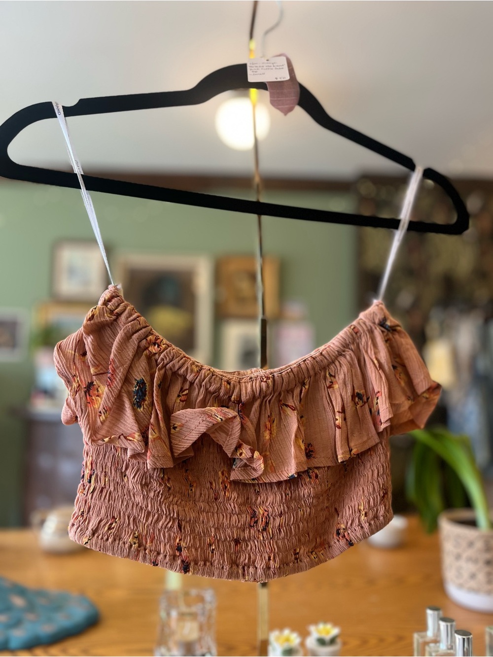 Faithfull the Brand Mauve Floral Ruffle Smocked Strapless Crop Top